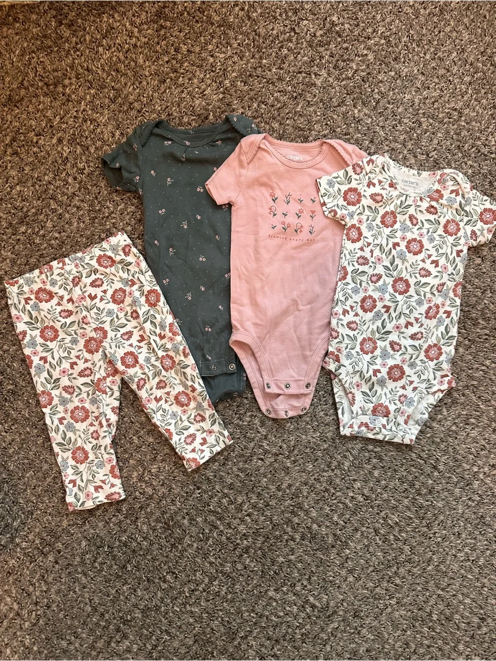 Carter's Bodysuits with Pink and Green Floral Print +Pants. BUNDLE